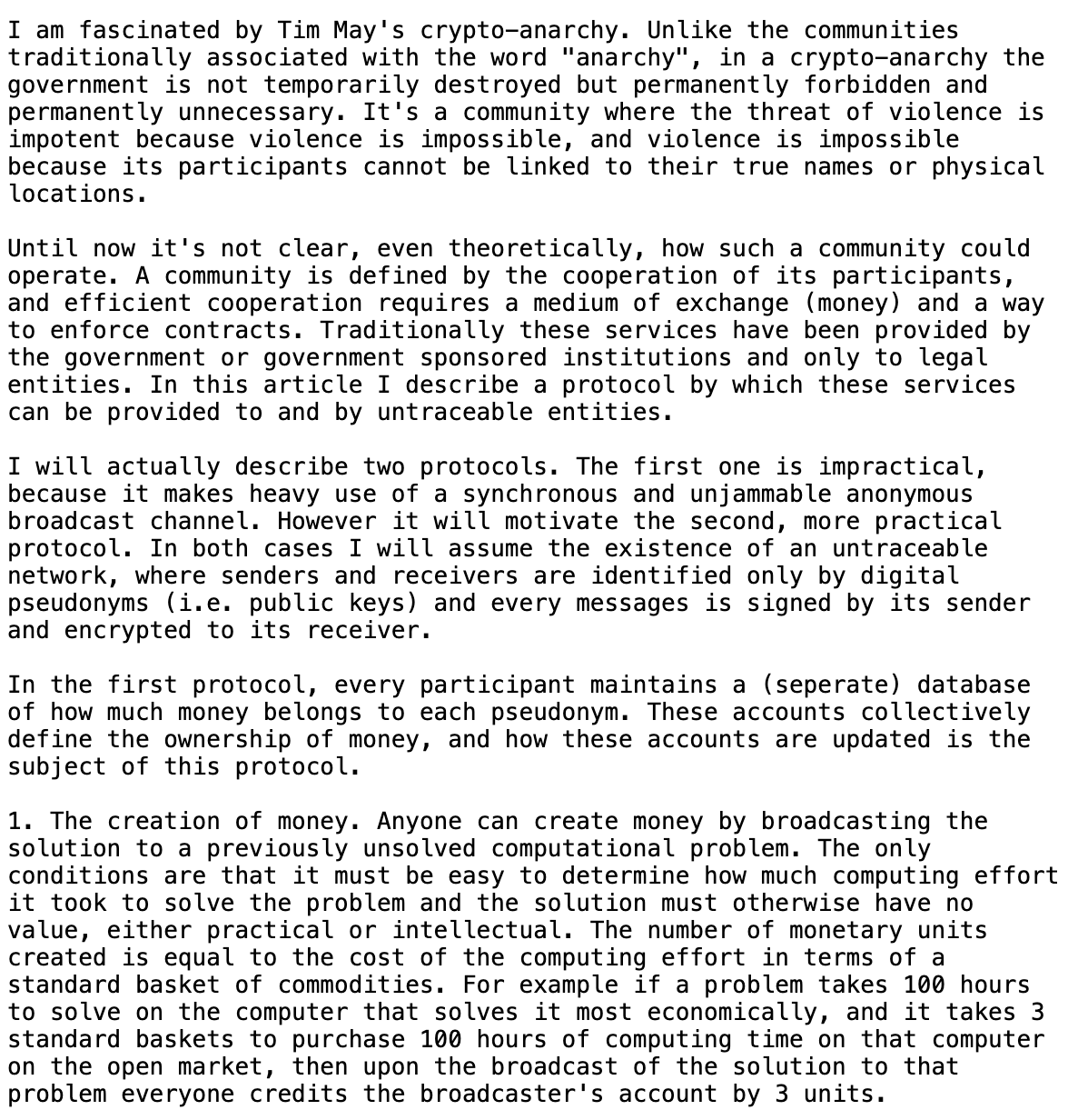 The b-money proposal, preserved on Wei Dai's personal site weidai.com.