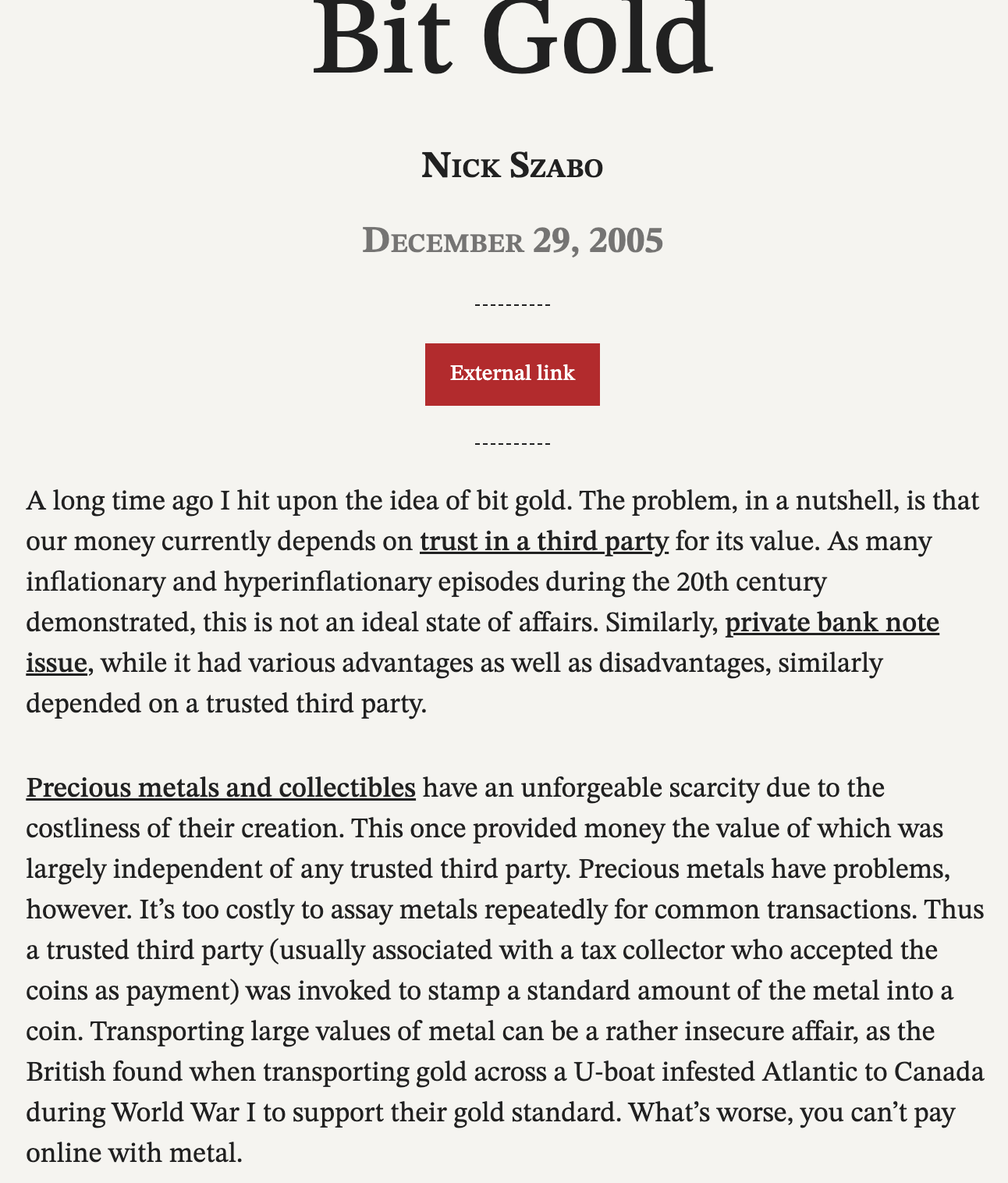 Bit Gold as preserved at the Satoshi Nakamoto Institute, with the original December 29, 2005 publication date.