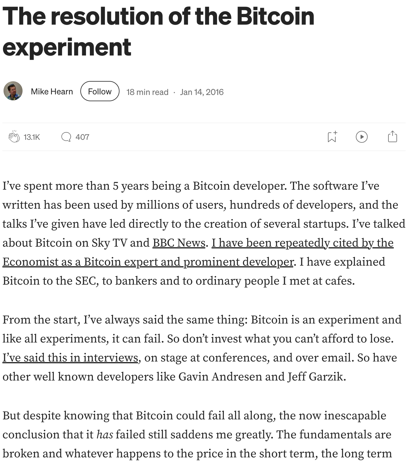 Mike Hearn, The resolution of the Bitcoin experiment, January 14, 2016