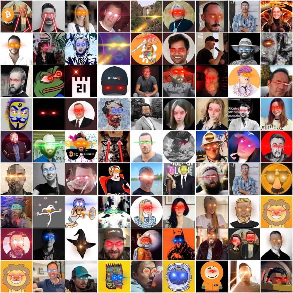 Bitcoin Twitter, spring 2021 — the laser-eyes profile-picture campaign at peak adoption.