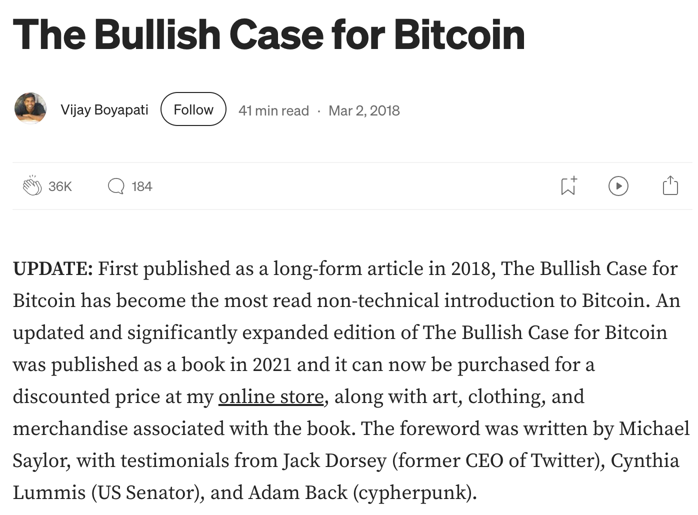 The Bullish Case for Bitcoin, published on Medium, March 2, 2018.