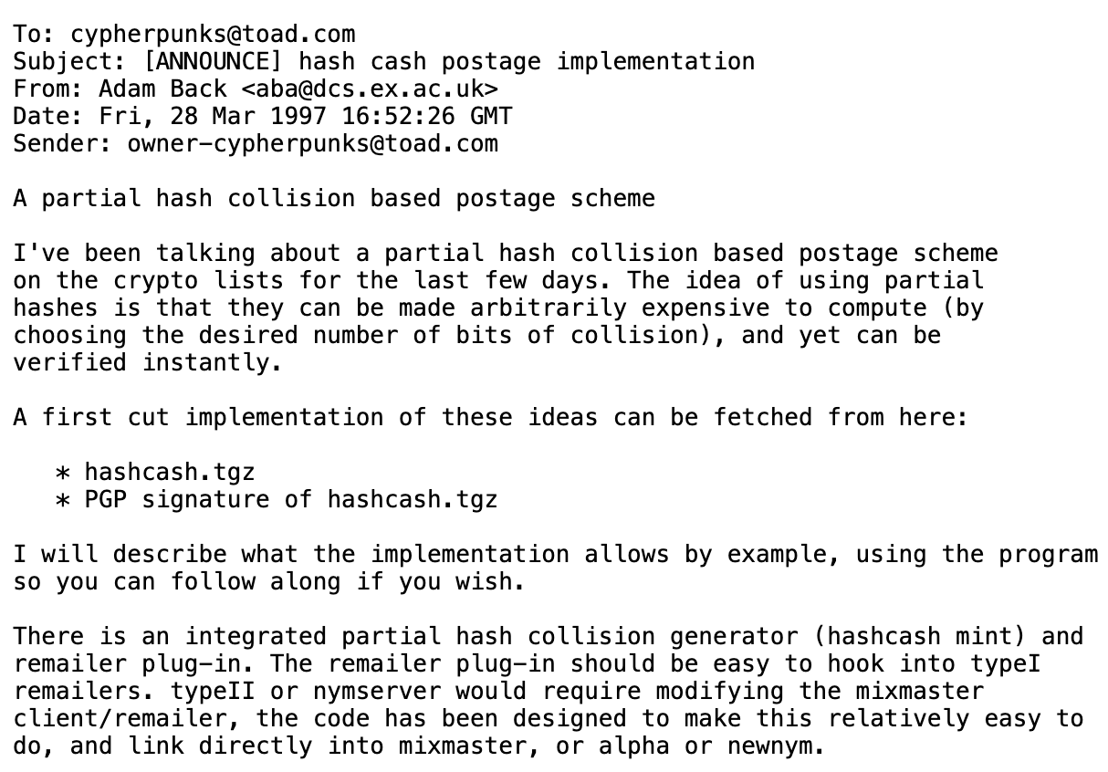 The original [ANNOUNCE] email to the cypherpunks mailing list, March 28, 1997.