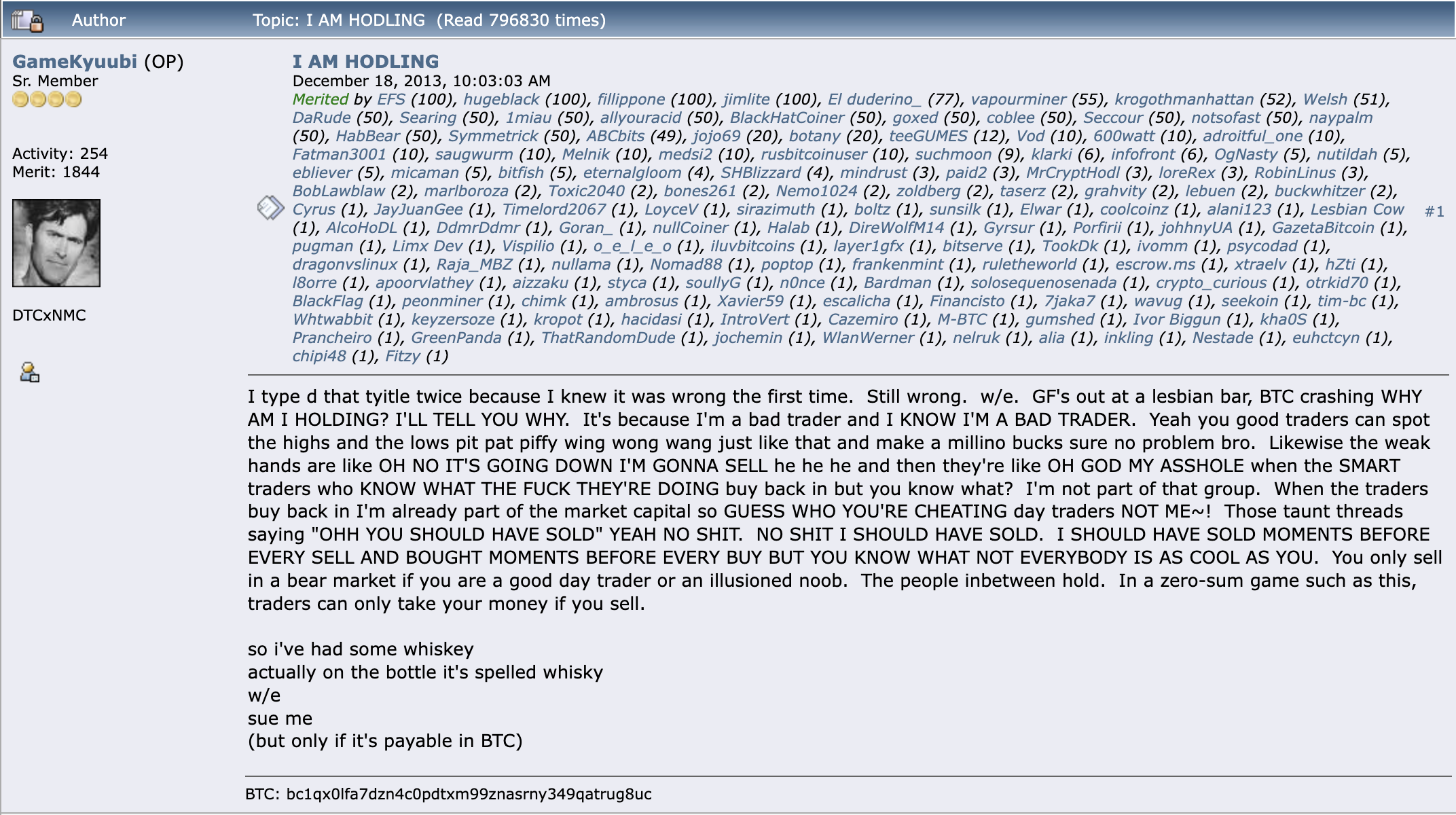 GameKyuubi's original 'I AM HODLING' post on the BitcoinTalk forum, December 18, 2013.