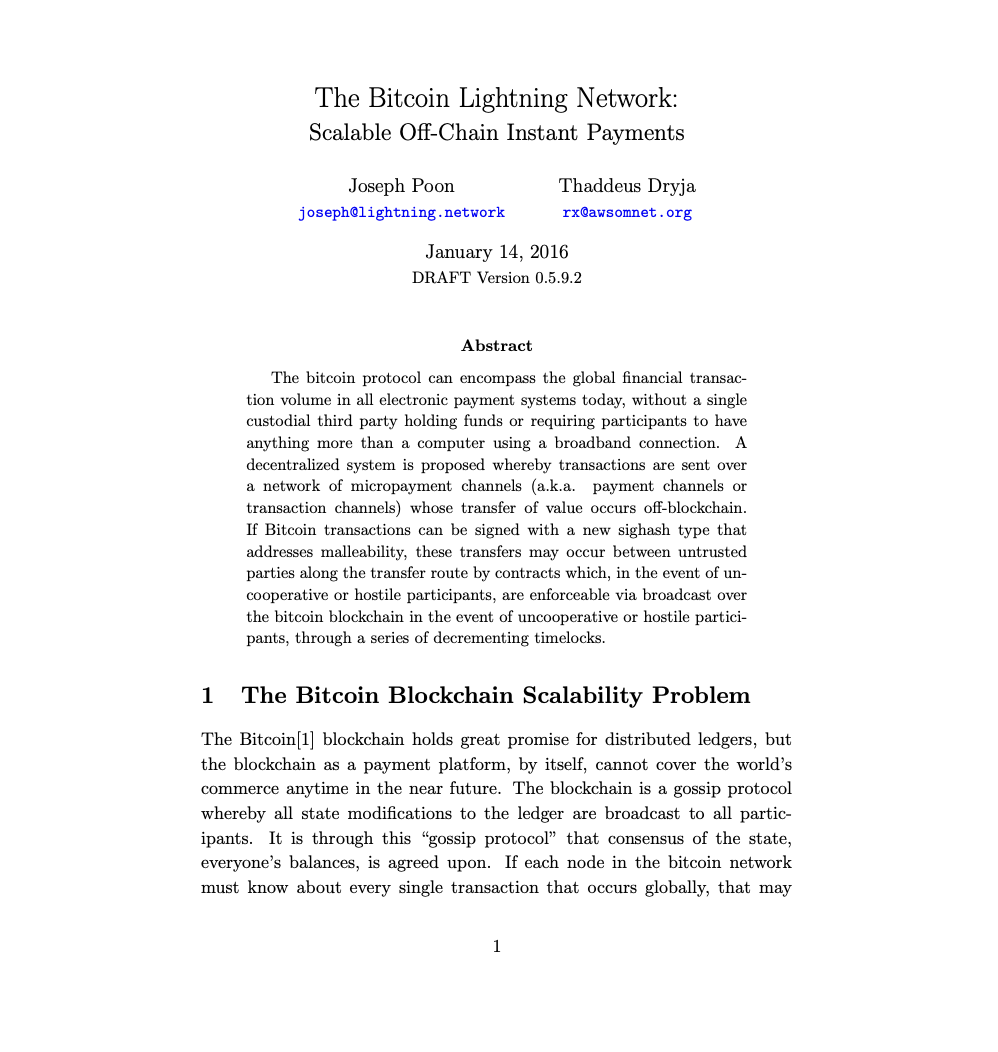 The Lightning Network whitepaper, January 14, 2016.