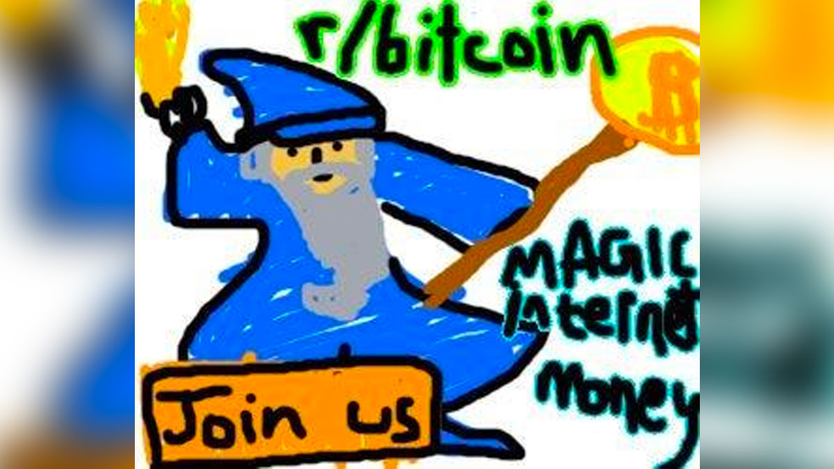 Magic Internet Money: Bitcoin Wizard. Drawn in MS Paint by u/mavensbot, February 18, 2013.
