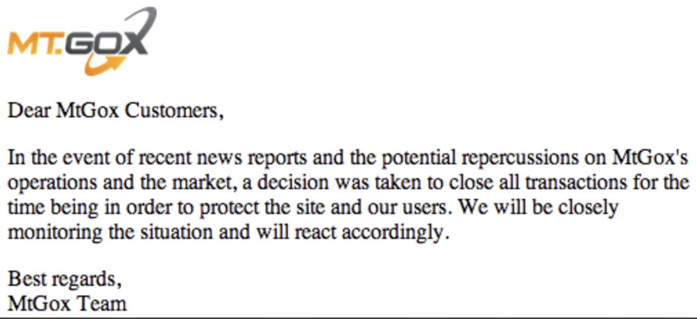 Mt. Gox's bankruptcy announcement, February 24, 2014.