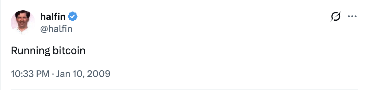Hal Finney's tweet, January 11, 2009.