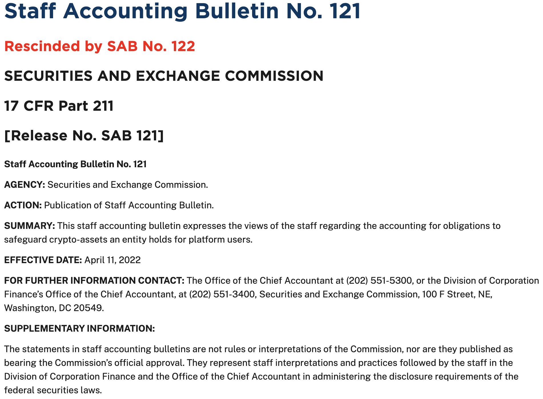 SAB 121 on sec.gov, marked Rescinded by SAB No. 122 in red
