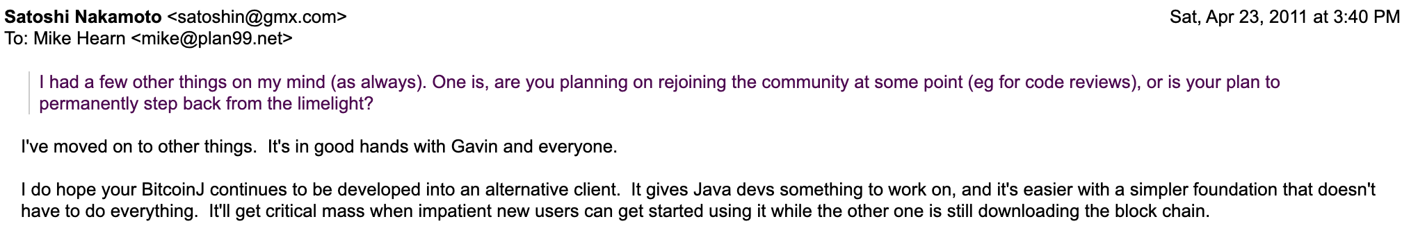 Satoshis final email to Mike Hearn, April 23, 2011