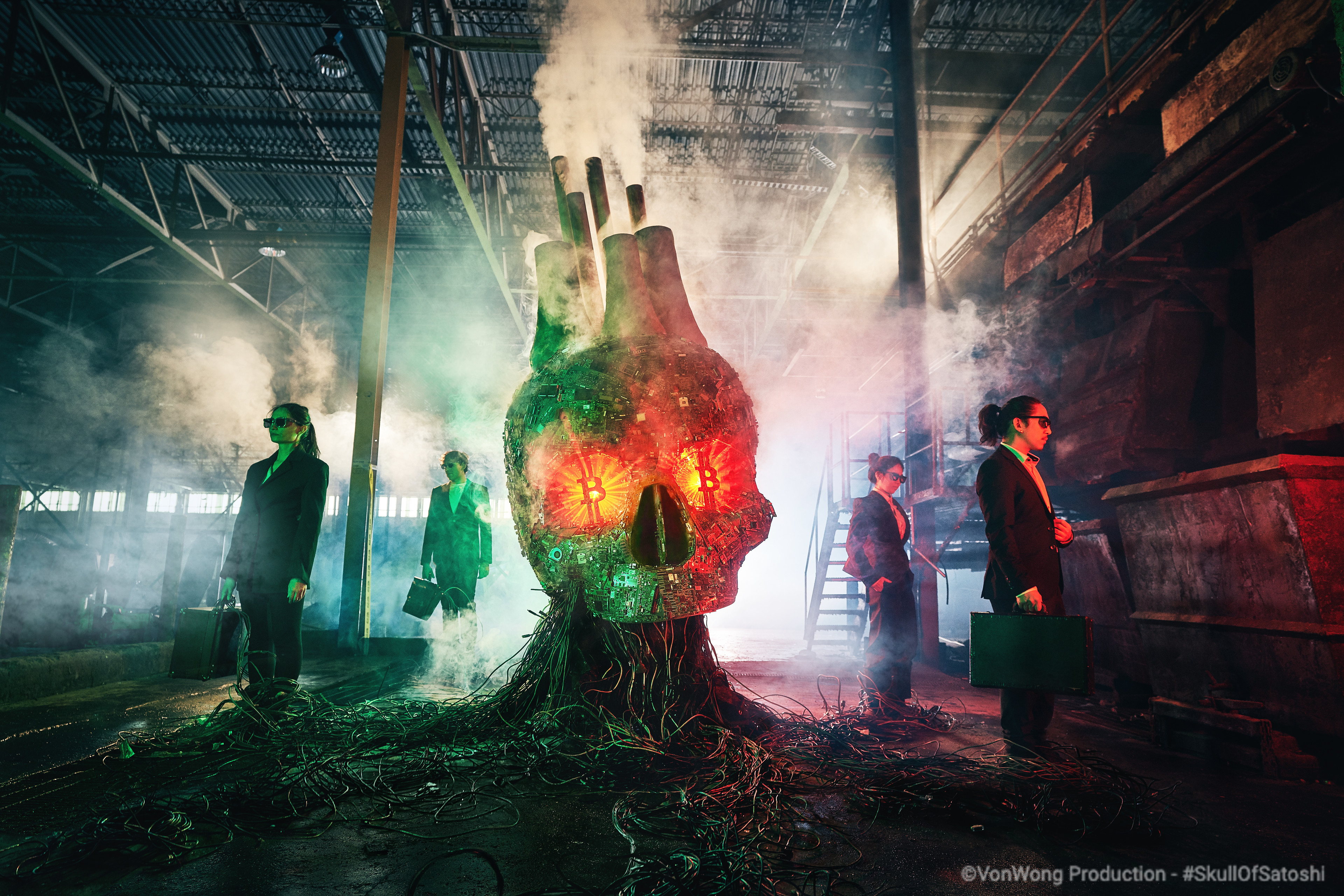 The Skull of Satoshi, unveiled in Washington DC on March 23, 2023. Eleven feet tall, made from 300+ pieces of donated electronic waste, with red laser eyes.
