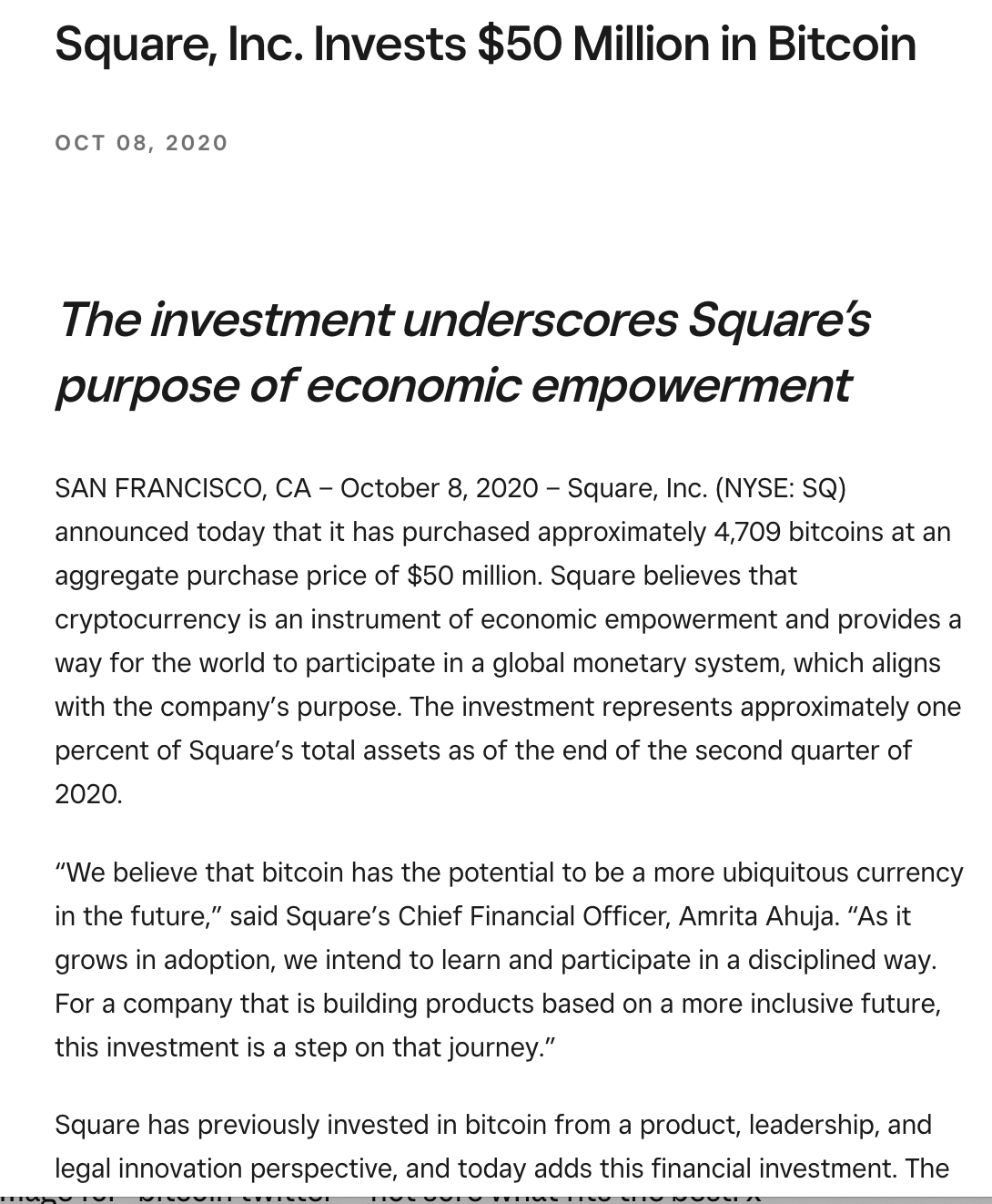 Square Inc. 8-K filing, October 8, 2020 — disclosure of the $50M bitcoin purchase.