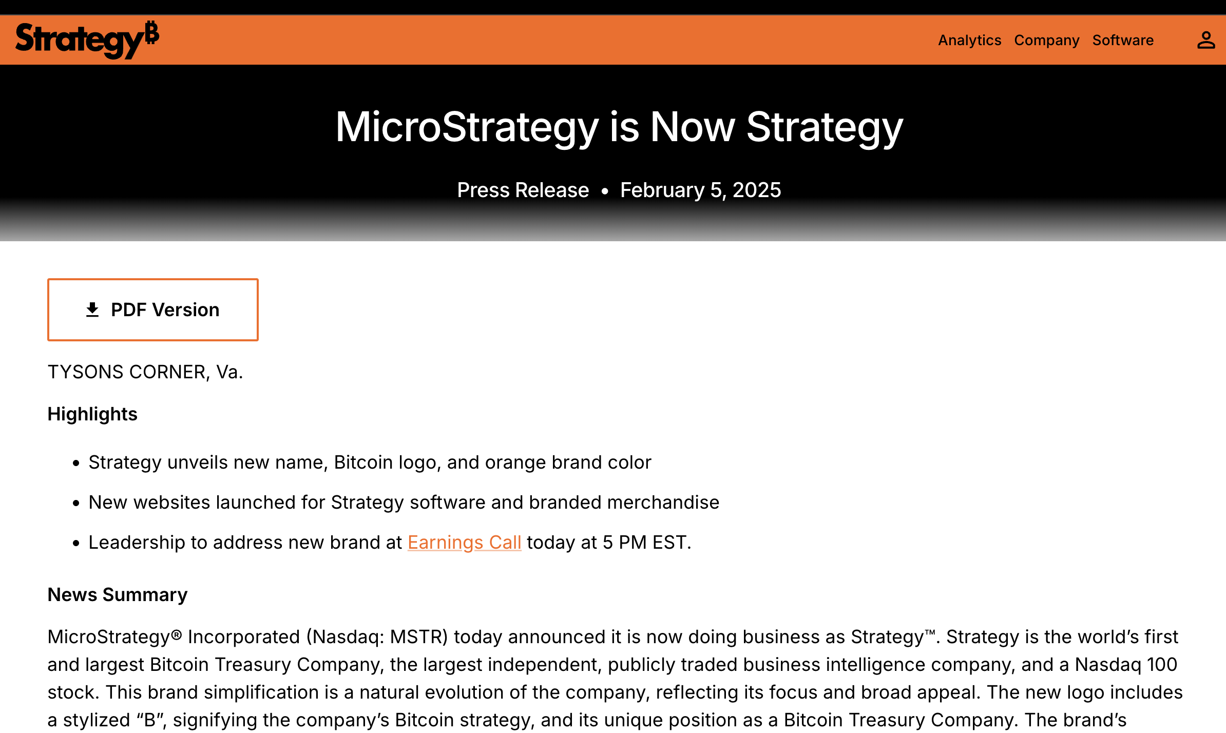 Strategy's new logo — the stylized B and bitcoin orange — announced February 5, 2025.