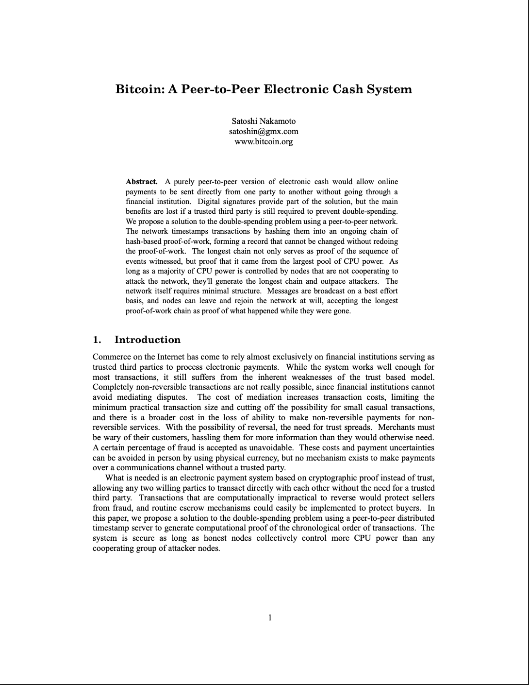 The first page of the original whitepaper, October 31, 2008.